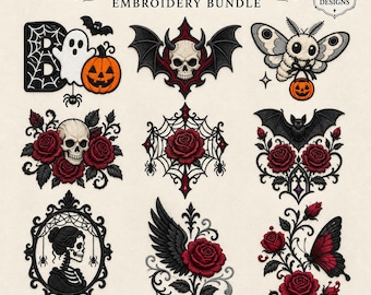 May include: A Dark Gothic Embroidery Bundle featuring 9 designs including a ghost with a pumpkin, a skull with bat wings, a moth with a pumpkin, skulls with red roses, a spiderweb rose, a bat with roses, a skeleton in a frame, and butterflies.