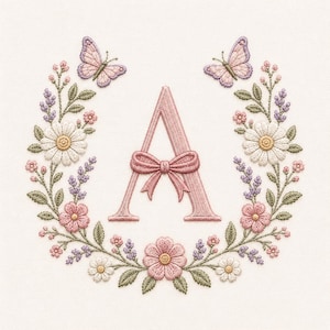 Puede incluir: Una letra A bordada en rosa empolvado con un lazo central, rodeada por una corona circular de margaritas blancas, flores rosas, ramas de lavanda moradas, hojas verdes y dos mariposas de color rosa claro sobre tela blanca.