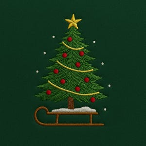 May include: Embroidered Christmas tree design on a dark green background. The tree is green with red ornaments, a gold star, and gold garland. A brown sled with snow sits below the tree. White dots are scattered around the tree.