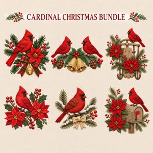 May include: A digital graphic set titled CARDINAL CHRISTMAS BUNDLE featuring six illustrations of bright red cardinal birds. Elements include green pine branches, red poinsettias, holly berries, gold bells, a wooden sled, and a mailbox.