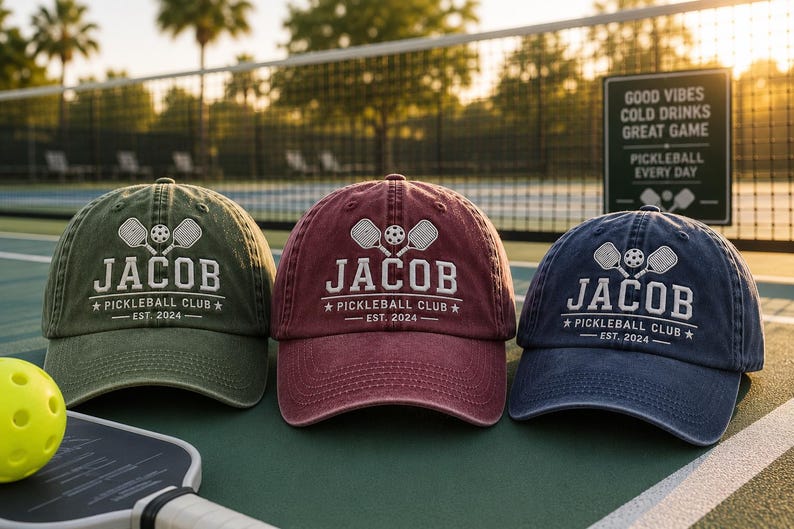 K&ouml;nnte beinhalten: Drei Baseballkappen in Olivgr&uuml;n, Burgunderrot und Marineblau, jede bestickt mit "JACOB PICKLEBALL CLUB EST. 2024" und Pickleball-Grafiken. Ein gelber Pickleball und ein Schl&auml;ger befinden sich im Vordergrund.