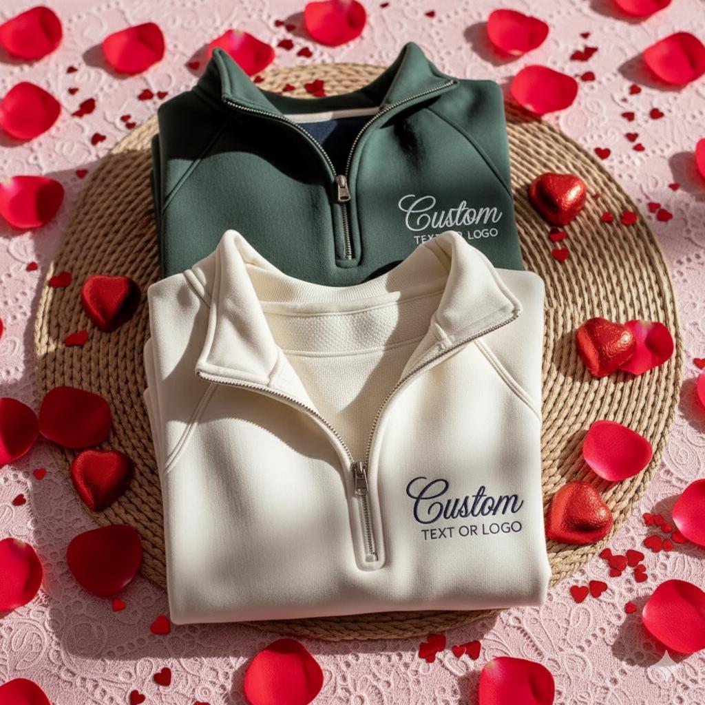Custom Logo Embroidered Quarter Zip Sweatshirt, Personalized Text