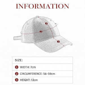 Puede incluir: Diagrama de una gorra de b&eacute;isbol con medidas en cent&iacute;metros. El ancho es de 7 cm, la circunferencia es de 56-59 cm y la altura es de 12 cm. La palabra "INFORMATION" est&aacute; en la parte superior y "SIZE:" debajo.