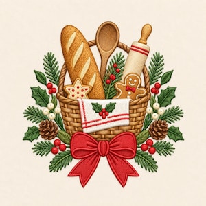 May include: An embroidered basket filled with a baguette, a wooden spoon, a rolling pin, a star-shaped cookie, and a gingerbread person. A white cloth with holly berries sits in front, surrounded by pine branches, pinecones, and a red bow.