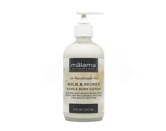 SALE: Hand and Body Lotion • Milk & Honey scent | Nourishing moisturizer made with kukui and macadamia oils | 8 oz glass pump bottle