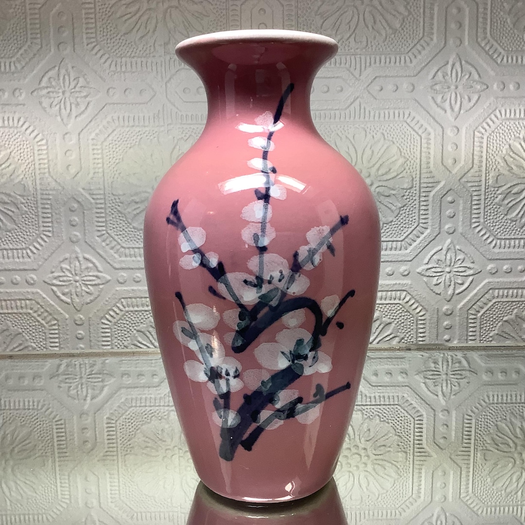 Vintage Porcelain Bud Vase, Pink Handpainted 6” Vase With White Floral ...