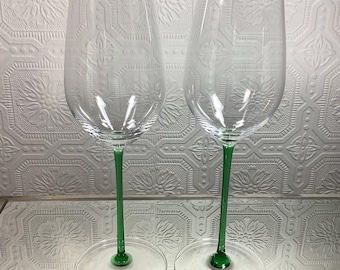 Riedel Wine Glass, Set of 2 Green Stem 10” Wine Glasses, Vintage Barware