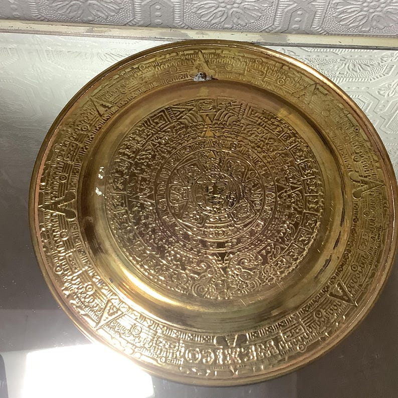 Vintage Mayan Calendar, Enameled Brass Mexican Wall Art, Aztec Calendar ...