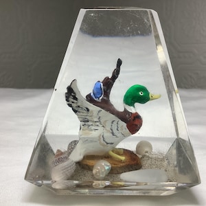 Canadian Mallard Paperweight, Unique Hancarved Duck Lucite 3” Colourful Paperweight