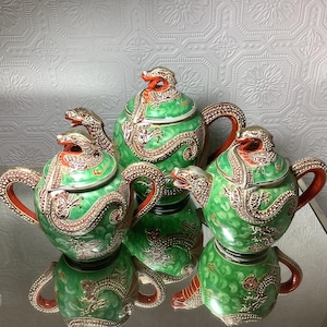 Japanese Dragonware Tea Set Green  Porcelain Rare Collectable Geisha Face 1940s  Satsuma