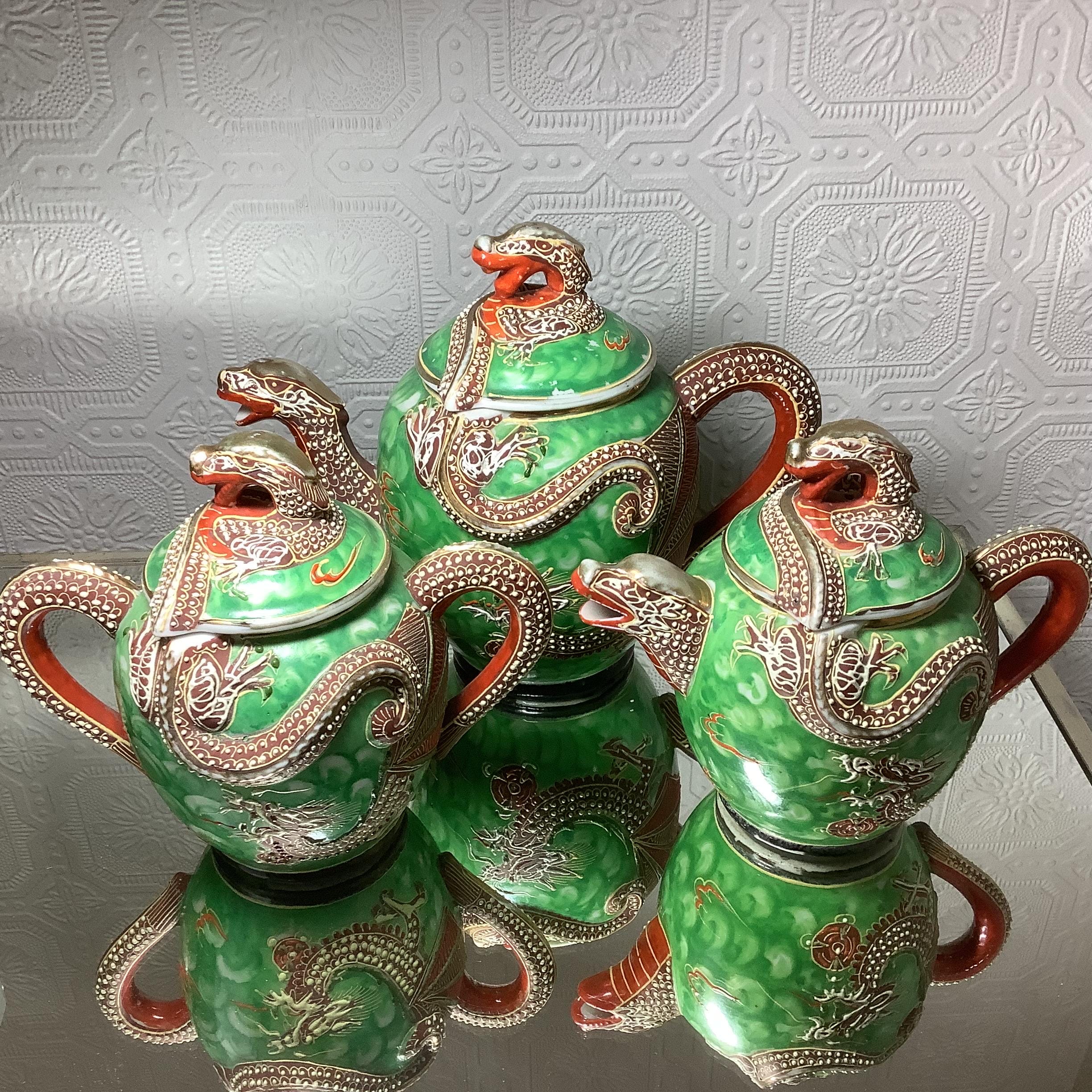 Japanese Dragonware Tea Set Green Porcelain Rare Collectable