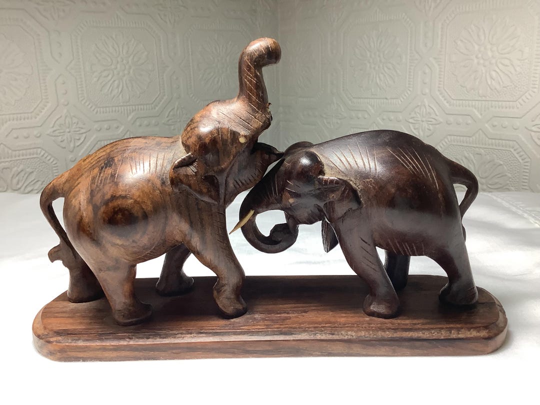 Wooden Hand Carved Vintage Elephants, Fighting Elephants Carving ...