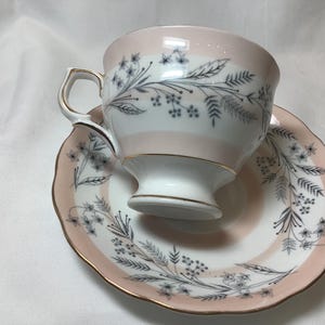 Colclough Teacup  and Saucer Set English Fine  Bone China Footed Tea cup Made in England Circa 1960s Pale Pink/Black Floral Gold Trim