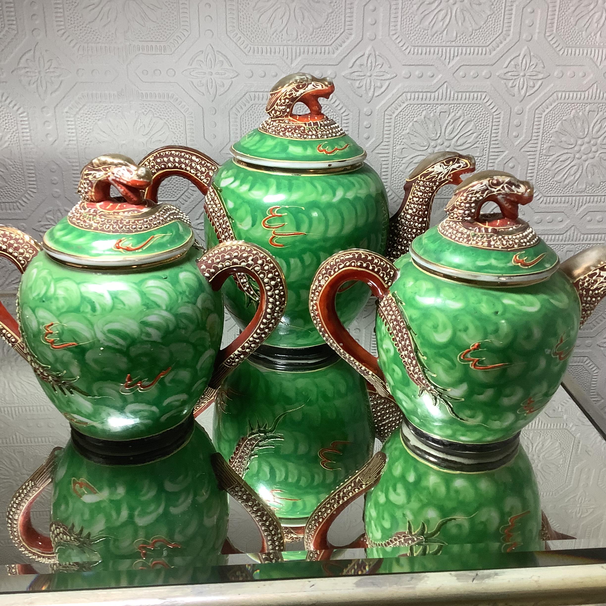 Japanese Dragonware Tea Set Green Porcelain Rare Collectable