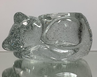 INDIANA GLASS Theelichthouder van glas met slapende kat, 5 inch (12,7 cm), vintage kattendecoratie