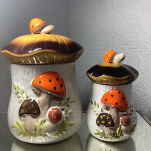 Merry Mushroom Cannister Set, Vintage Cookie Jars, Ceramic Mushroom Kitchen Home Decor Collectable MCM