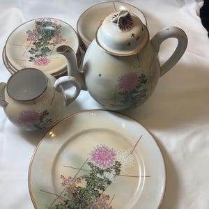 Japanese Porcelain Teapot Vintage Handpainted Kutani Gold Trim Eggshell Porcelain Creamer and Plates Lot