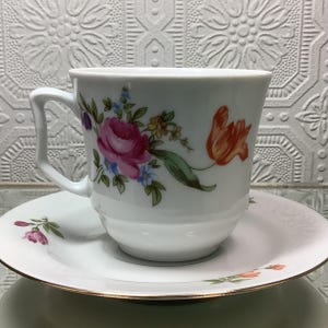 Taza y platillo de porcelana JL Menau Graf von Henneberg, República Democrática Alemana