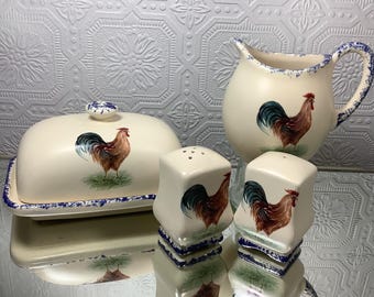 Vintage Rooster 5 Piece Tableware  Set, Farmhouse  Butter Dish, Salt and Pepper, Creamer Pitcher,Made in Portugal, Country Kitchen