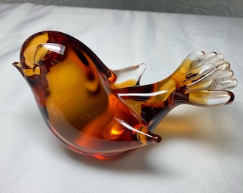 Kunst Glasvogel Figur, Bernstein venezianischer Glasvogel Made in Murano Italien Vintage mundgeblasenes Sammlerstück Murano Glas