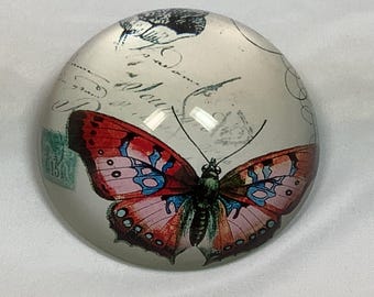 Vintage Butterfly paperweight, Glass paper weight with Retro graphics, Domed glass paperweight with Pink  butterfly