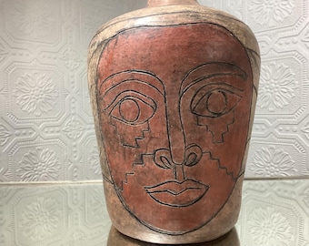 Terracotta Ceramic Vase with Engraved Face,  Traditional Handcrafted  Chilean Signed Folk Art, Rustic Decor 8” Vase
