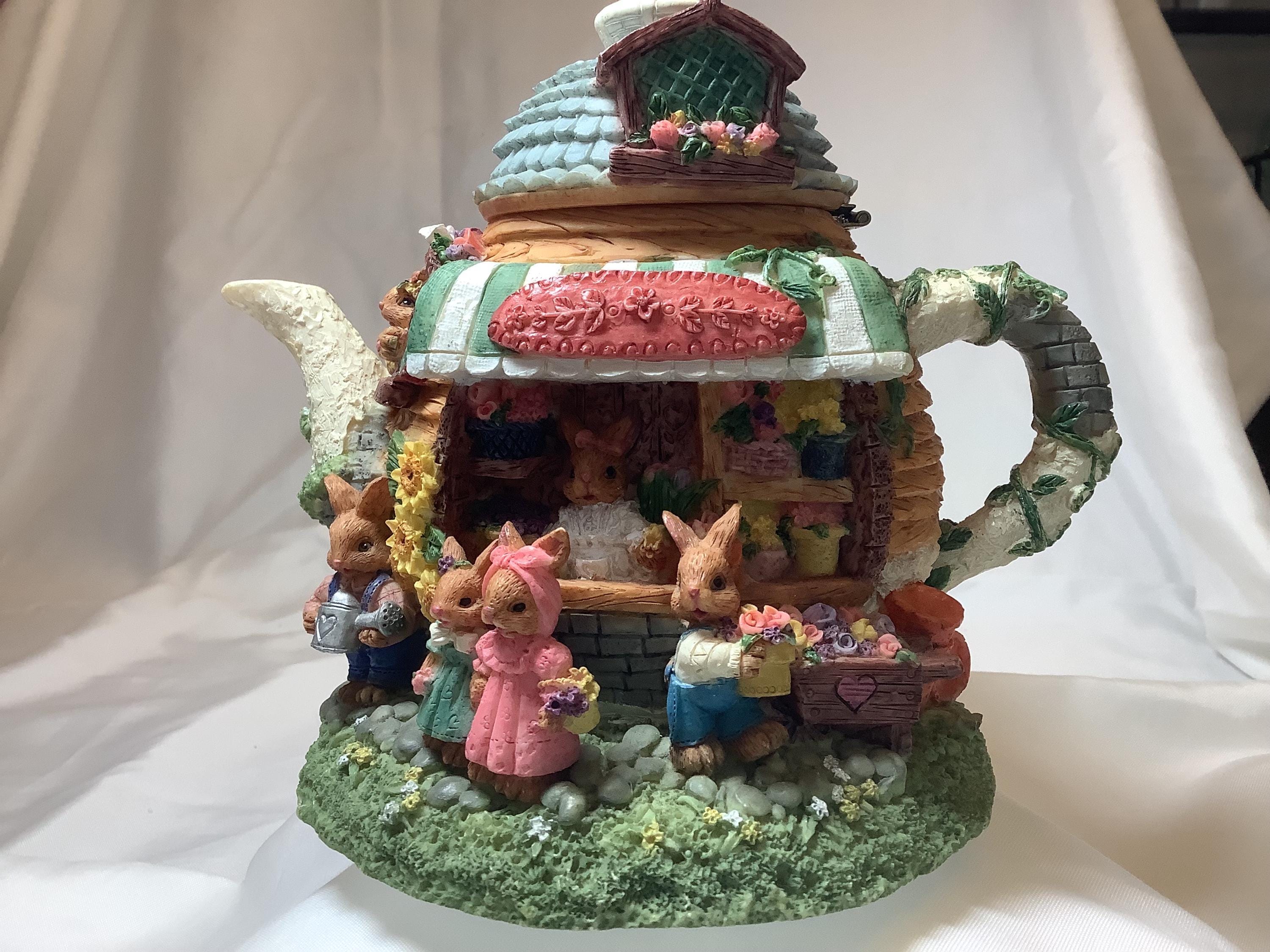 Vintage Bunny Garden Shop Teapot Shaped Piggy/ Coin Bank