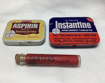 Contenants à médicaments vintage, Carters Little Liver Pills des années 1930, Instantine des années 1950, Aspirine Bayer des années 80