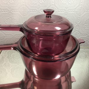 Pyrex Visions Cookware Set  by Corning USA, 4 Piece Cranberry  Glass  Set  Vintage Collectible Pots & Lids