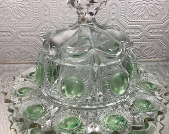 Vintage Round Domed Butter Dish, Early American Pattern Glass  “Bull's Eye and Daisy,"  Green and Clear US Glass