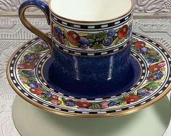 Antique WEDGWOOD  Demitasse  Cup and Saucer, Set of 2,  Blue Fruit and Flower Checkerboard, Wedgewood England