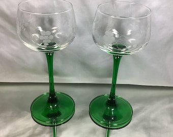 Vintage Luminarc Emerald  Green Stem Wine  Glasses Set of 2, Etched Grapes Luminarc  Collectable Barware Made in France