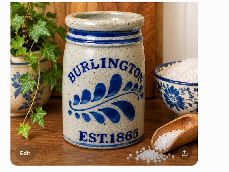 Puede incluir: Una vasija de gres cil&iacute;ndrica con acabado beige moteado, que presenta motivos de hojas pintados a mano en azul y el texto azul BURLINGTON EST. 1865. El recipiente tiene un borde grueso y redondeado y un cuerpo de lados rectos.