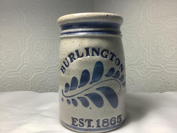 Vintage Salt Glazed Pottery  “ Burlington”  Blue &  Grey  Stoneware Pottery/Crock/Planter Handmade Signed