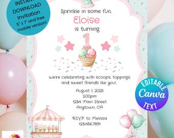 Ice Cream Birthday Invitation: Pastel Party, Editable Canva Template (Digital Download + free Mobile Version)