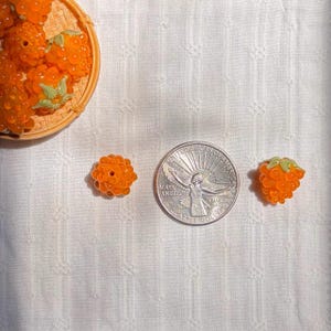 May include: Orange berry-shaped beads with small green leaves, shown next to a US quarter coin for scale. The beads have a textured, bumpy surface resembling real fruit. A small collection of these beads is contained in a round woven basket.
