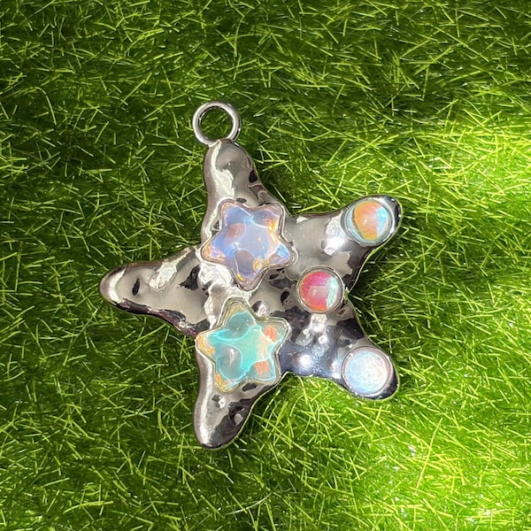 Silver Fossil Star Pendant Charm with Gems