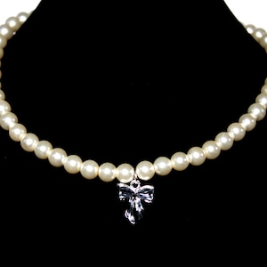 Pearl Necklace with Silver Bow Charm, Glass Pearl Necklace
