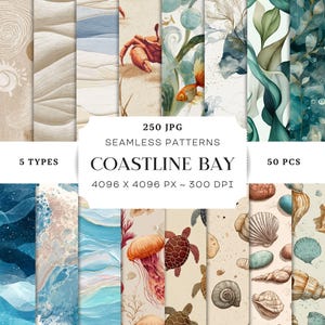 Könnte beinhalten: Eine Sammlung von 50 nahtlosen Mustern mit Küstenmotiv. Die Muster zeigen Aquarelldesigns von Muscheln, Meereslebewesen und abstrakten Meereswellen in Blau-, Grün- und Beigetönen. Der Text "COASTLINE BAY" ist enthalten.
