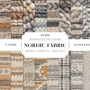 Peut inclure: Une collection de 50 motifs de tissu nordique sans couture, avec diverses textures et couleurs, notamment beige, marron et gris. L'image présente 2 types de motifs, chacun avec 25 pièces, avec une résolution de 4096 x 4096 pixels à 300 DPI.