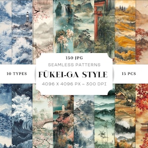 May include: A collection of 150 digital seamless patterns in the Fūkei-ga style. The patterns feature Japanese-inspired landscapes with mountains, water, trees, and traditional architecture. The patterns are 4096 x 4096 pixels and 300 DPI.