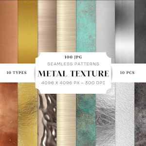 Metal Textures Seamless Patterns, 100 JPG, Gold, Silver, Bronze, Copper, Rust Steel, Grunge Grain Surface, Digital Paper, 3D, Commercial Use