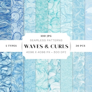 Könnte beinhalten: Ein Set mit 20 digitalen nahtlosen Mustern mit blauen und weißen Wellen und Locken. Die Muster sind 4096 x 4096 Pixel groß und haben 300 DPI.