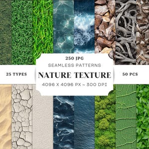 May include: A collection of 250 seamless nature textures in JPG format. The textures are 4096 x 4096 pixels and 300 DPI. The images include various natural elements such as grass, water, wood, sand, and leaves.