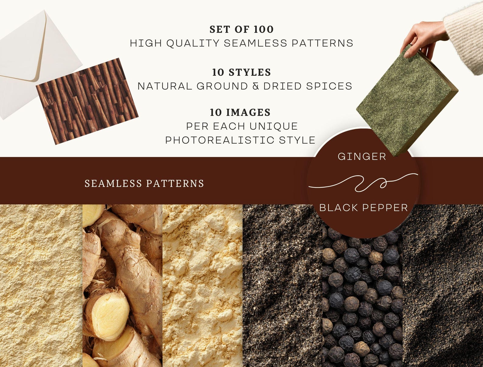 Real Spices Seamless Patterns, 100 JPG, Black Pepper, Cinnamon, Anise ...
