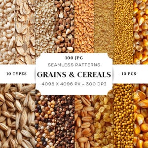 Puede incluir: Imagen digital que muestra una variedad de granos y cereales, incluyendo arroz, avena y maíz. La imagen está dividida en diez secciones, cada una mostrando un tipo diferente de grano. Incluye el texto "GRAINS & CEREALS".