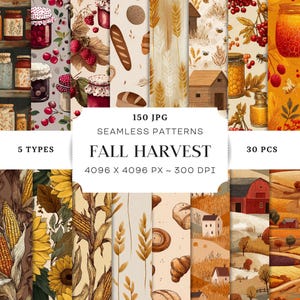 Puede incluir: Colección de patrones digitales sin costuras con temática de cosecha de otoño. Los patrones incluyen imágenes de tarros de conservas, girasoles, maíz, trigo y paisajes rurales. Se muestra el texto "FALL HARVEST".