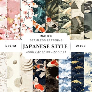 Japanese Style Seamless Patterns, 250 JPG, Koi Fish, Sakura Blossom, Waves, Zen Bonsai, Rock Gardens, Printable, Digital Paper, Commercial