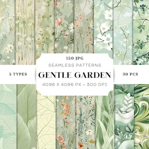 May include: A selection of 150 seamless patterns with a gentle garden theme. The patterns showcase floral and botanical designs in green, white, and pink hues. The image includes the text "GENTLE GARDEN" and "30 PCS".