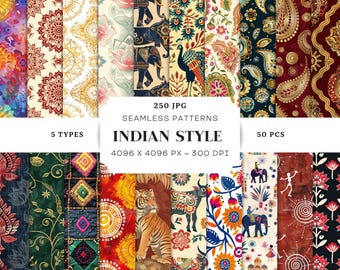 Puede incluir: Una colección de patrones sin costuras de estilo indio coloridos. Los patrones presentan motivos florales, de cachemira y animales, incluyendo elefantes y tigres. La imagen incluye el texto "250 JPG SEAMLESS PATTERNS INDIAN STYLE 4096 X 4096 PX ~ 300 DPI".